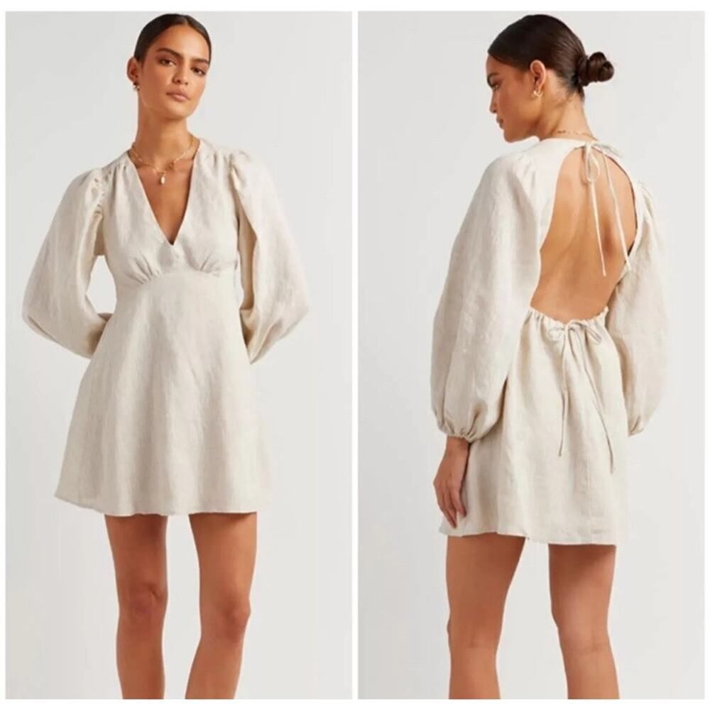 NWT DISSH Rosa WHITE Linen Mini Dress Size 8 Puff sleeves Open back